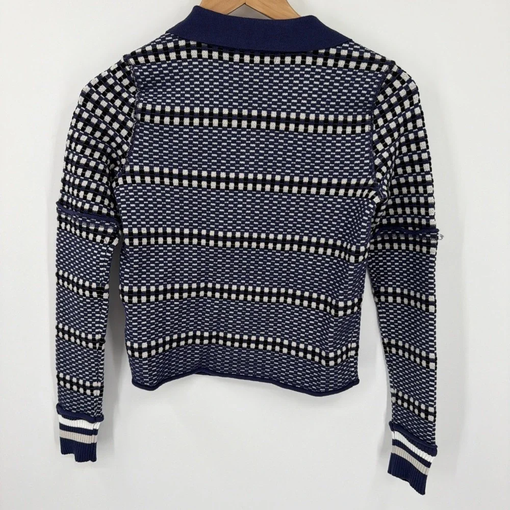 Free People we the free Level Up Top Polo Sz S Navy Combo Fitted Textured Knit